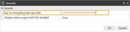 The Security dialog box has a grid with row headings that have a gray background with black text and can be expanded to display fields with a white background and black text. In this example, in the General section, Key for Encrypting Rest Api Calls is highlighted.